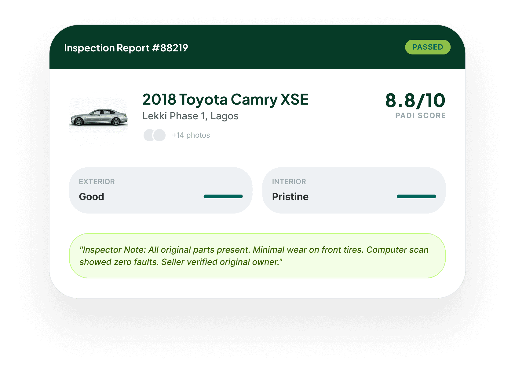 BuyPadi inspection report showing 2018 Toyota Camry XSE — Passed, 8.8/10 Padi Score